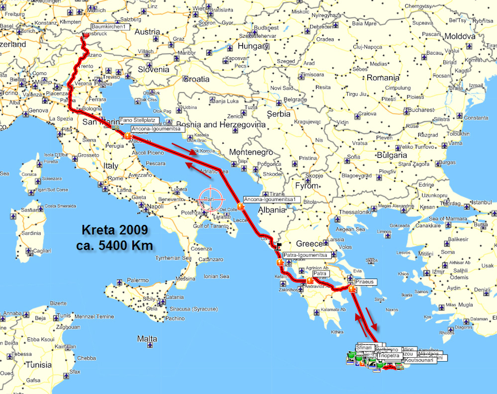 Am 12. September, endlich... Ab in den Süden...unser Ziel heißt Kreta. Wir waren ja schom 2x dort (1988 und 2003), aber es wird das erste mal mit dem WoMo. 2000 km mit dem WoMo, 2700 km mit der Fähre und ca. 700 km mit Leihwagen sind wir unterwegs.