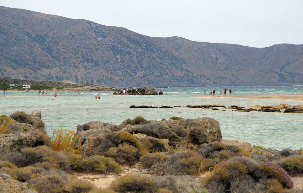 Bei ruhigem Wetter ohne Wellengang ist Elafonísi mit der Hauptinsel Kreta durch einen Sandstreifen verbunden. War bei unserem Besuch nicht der Fall, es war relativ stürmisch und so mussten wir waten! Der Sandstrand ist durch winzige Muschelteilchen rosa gefärbt. Der Bereich hinter dem Strand ist mit Tamariskenbäumen bestanden.