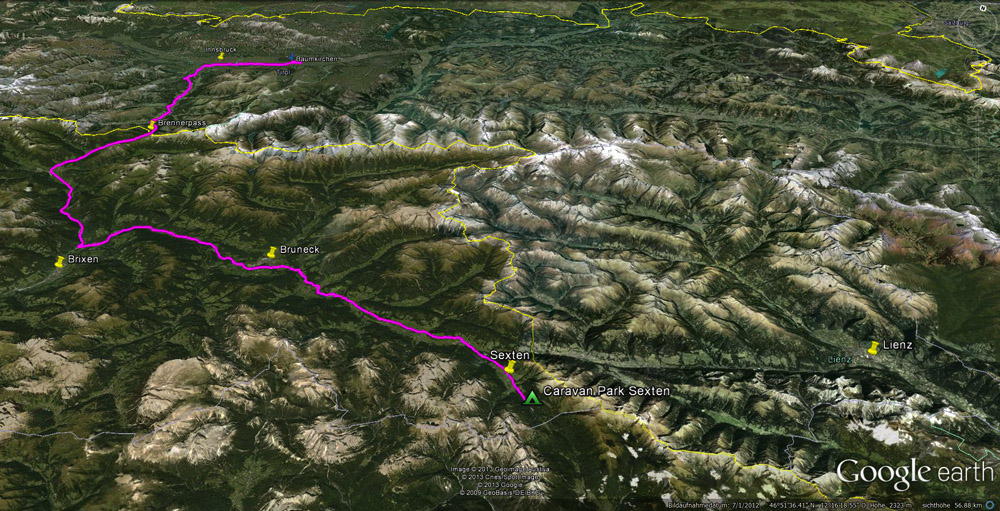 ...Wir starten also am 21.2. nachmittags nach der Arbeit. Der Weg führt uns über dem Brenner durchs Pustertal nach Sexten, für uns die komfortabelste Anreiseroute. Nach ca. 2,5 Std. und 161 km checken wir im von Vielen hochgelobten Caravanpark in Sexten ein...